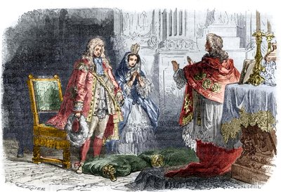 تزوج لويس الرابع عشر من فرانسواز د؟ أوبيجن ، ماركيز دي مينتينون (شتاء 1683/84) - الزواج السري للملك لويس الرابع عشر (1638-1715) وفرانسواز ديوبيني ماركيز دي مينتينون (مدام دي مينتينون 1635-1719). نقش في "Histoire des Papes-Rois-Queen و Em بواسطة المدرسة الفرنسية