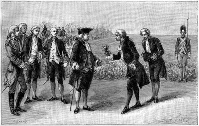 لويس السادس عشر (1754-1793) أثناء زيارته لأول حقل بطاطس في سهل Sablons (حاليًا شارع de la Grande Armee ، باريس) ، قدم له أنطوان أوجستين بارمنتييه (1737-1813) زهور البطاطس ، حوالي عام 1785. نقش في " "لا الطبيعة. Revue des sciences بواسطة المدرسة الفرنسية