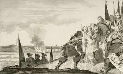 لويس الخامس عشر (1710-1774) في معركة فونتينوي في عام 1745 ، من "هيستوار دي فرانس" بواسطة كولارت ، نُشر عام 1840 (النقش) بواسطة المدرسة الفرنسية