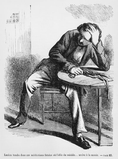 لوسيان دي روبيمبر يفكر في الانتحار ، توضيح من Splendeurs et Miseres des Courtisanes بواسطة Honore de Balzac ، نشر عام 1867 بواسطة المدرسة الفرنسية