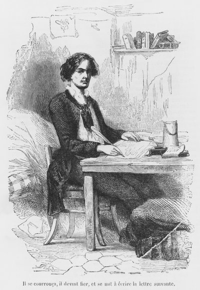 لوسيان دي روبيمبر يكتب رسالة ، توضيح من "Les Illusions perdues" بقلم هونور دي بلزاك ، نقشها أنطوان ألفي بياود (القرن التاسع عشر) بواسطة المدرسة الفرنسية