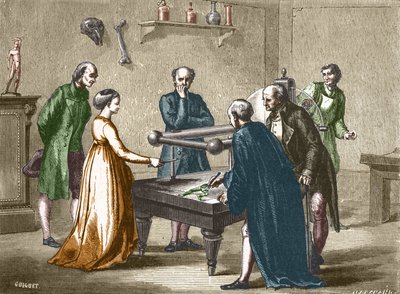 اكتشف لويجي جالفاني ، الأستاذ في بولونيا ، في عام 1780 ، تهيج عضلات الضفادع بالكهرباء - في ألبوم العلوم ؛ علماء لامعون الاكتشافات العظيمة "" "1896. بواسطة المدرسة الفرنسية