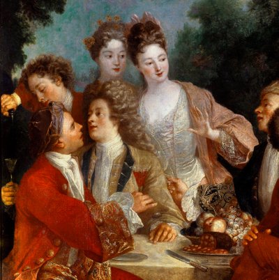 غداء في Parc Des Nobles في مأدبة ريفية. تفاصيل لوحة المدرسة الفرنسية في القرن الثامن عشر. متحف اورليانز للفنون الجميلة بواسطة المدرسة الفرنسية