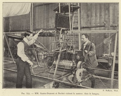 MM Santos-Dumont et Buchet visitant le moteur, dans le hangar (engraving) بواسطة المدرسة الفرنسية