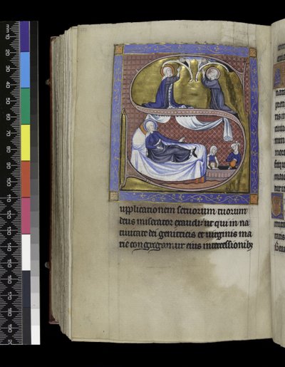 MS 300 f.271v ، تجمع ، وعظات ودروس لميلاد العذراء ، من سفر المزامير وساعات إيزابيلا الفرنسية ، باريس ، حوالي 1265 - 70 بواسطة المدرسة الفرنسية