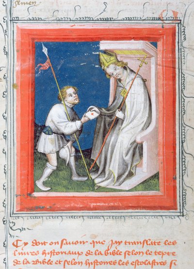 MS 313 Messenger يعطي رسالة من ملك فرنسا إلى أسقف مصغر من الكتاب المقدس de Guiart des Moulins بواسطة المدرسة الفرنسية