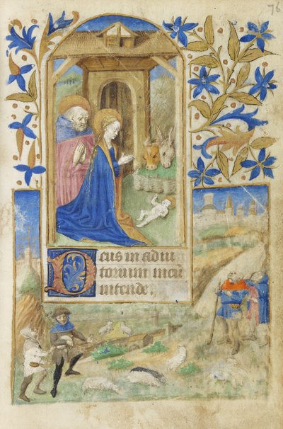 MS 39-1950 f.76r الميلاد ، 1464 (الذهب الفضي والحبر الملون على الرق) بواسطة المدرسة الفرنسية