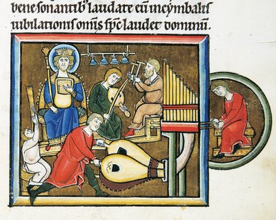 MS CXXXVII fol. 149r, King David holding the psalter and musicians playing, from the Psalter of Saint Elizabeth (tempera & gold leaf on vellum) بواسطة المدرسة الفرنسية