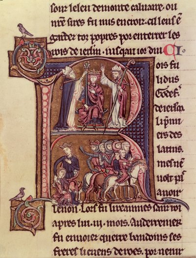 MS Fr 9081 f.99v R التاريخي الأولي الذي يصور توج الملك بالدوين الأول ملك فلاندرز (1171-1205) كإمبراطور لاتيني في عام 1204 وكرمه تجاه امرأة تركية تطرد طفلها بواسطة المدرسة الفرنسية