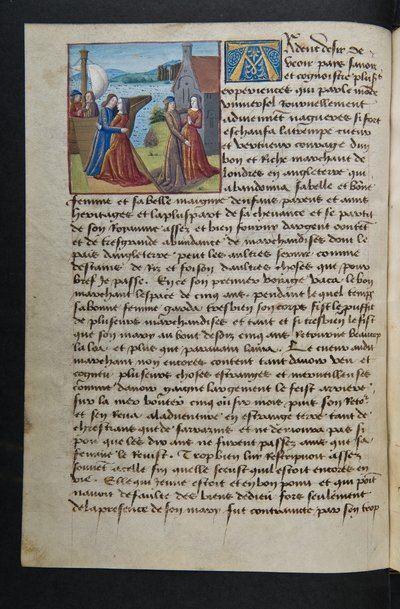 ^ MS Hunter 252 040v Page from Hundred News News ، c.1461-62 بواسطة المدرسة الفرنسية