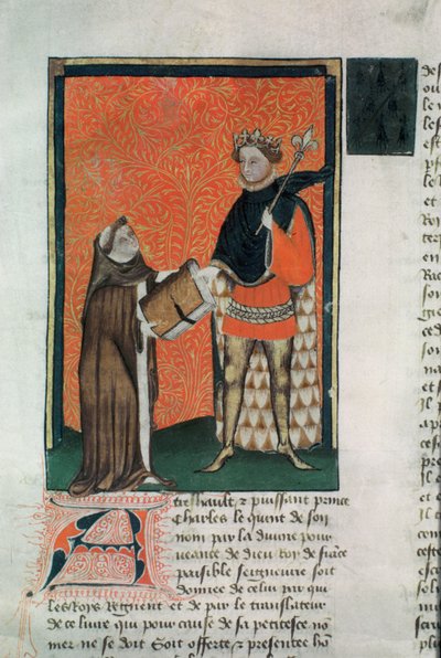 MS Hunter 8 f.9r المترجم كوربيكون يقدم الكتاب إلى تشارلز الخامس بواسطة المدرسة الفرنسية