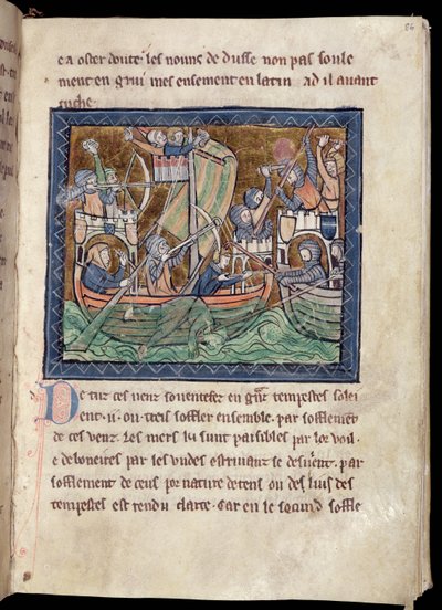 MS Marlay أضف 1 صفحة 86 صفحة من النص مع إضاءة معركة بحرية ، من De Re Militari ، c.1270 بواسطة المدرسة الفرنسية