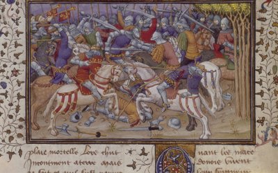 MS Royal 20 B.XX fol.16v هزيمة فيليب بواسطة Pausanias ، مع فرسان يقاتلون ، من 