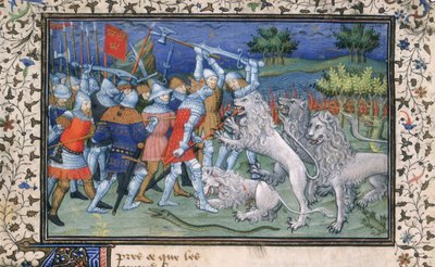 MS Royal 20 B.XX fol.50v الإسكندر الأكبر (356-323 قبل الميلاد) معارك مع الأسود البيضاء ، من 