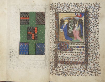 MS Widener 4 ، صص. 26v-27r ، شعار النبالة والبشارة ، من كتاب الصلوات ، استخدام رين ، حوالي 1405 (قلم وحبر وتمبرا على ورق) بواسطة المدرسة الفرنسية