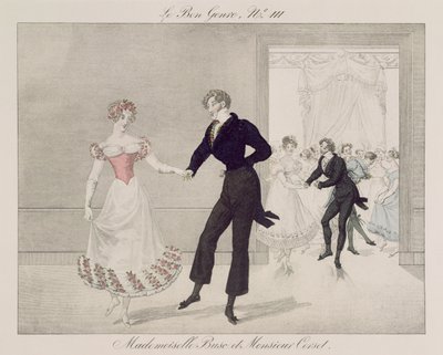 Mademoiselle Busc و Monsieur Corset ، اللوحة 111 من le Bon Genre ، c.1810 (نقش الألوان) بواسطة المدرسة الفرنسية