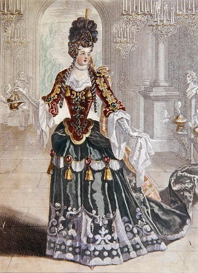 Mademoiselle Desmatins في دور Psyche في أوبرا Lully ، حوالي 1703 (نقش ملون) بواسطة المدرسة الفرنسية