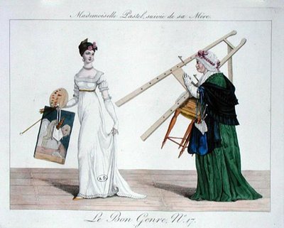Mademoiselle Pastel تليها والدتها ، اللوحة 17 من 'Le Bon Genre' بواسطة المدرسة الفرنسية