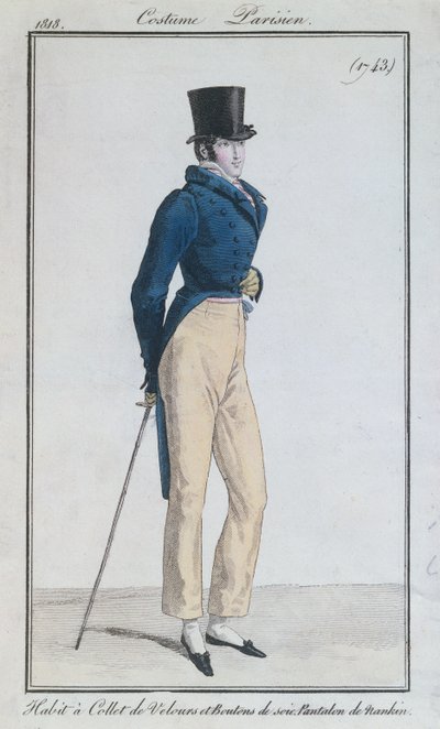 بدلة رجالي مع ياقة مخملية ، أزرار حرير وسروال نانكين ، 1816 بواسطة المدرسة الفرنسية