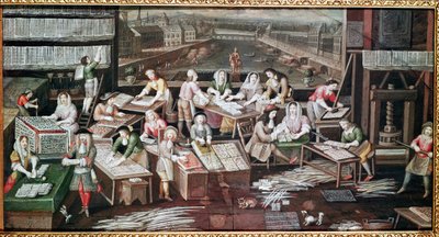 صنع أوراق اللعب في منزل في مكان دوفين (تصميم لمروحة ، غواش على ورق ، حوالي 1680) بواسطة المدرسة الفرنسية