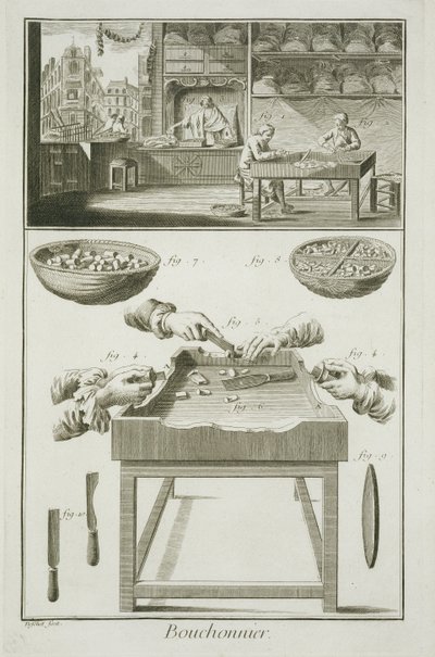 صُنع تصنيع الفلين للزجاجات من موسوعة العلوم والعدادات بقلم دينيس ديدرو (1713-1784) ص 1770 بواسطة المدرسة الفرنسية