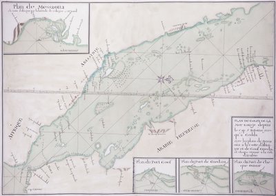 خريطة مخطوطة للجزء الجنوبي من البحر الأحمر من القرن الأفريقي واليمن حتى جدة حوالي عام 1740 بواسطة المدرسة الفرنسية