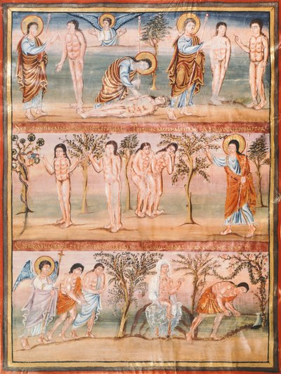 Manuscript page representing episodes from the life of Adam and Eve: creation of Adam and Eve. The original sin. Expulsion from Paradise (miniature) بواسطة المدرسة الفرنسية
