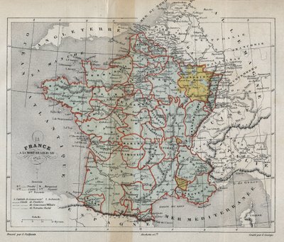 خريطة فرنسا حول وفاة لويس الرابع عشر في عام 1715 - خريطة فرنسا عند وفاة لويس الرابع عشر في عام 1715 - نقش في "تاريخ فرنسا" بقلم فيكتور دوري (1811-1894) - 1882 بواسطة المدرسة الفرنسية