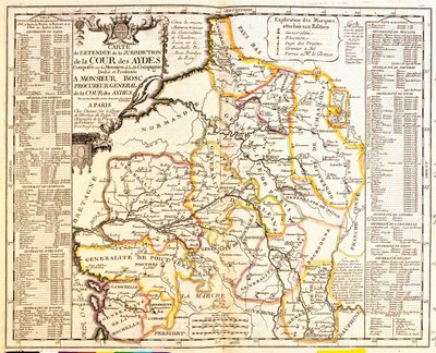 خريطة للأراضي الفرنسية تحت الضريبة ، 1709 ، من Le Theatre du Monde بواسطة Jean-Baptiste Nolin ، تم نشره 1717 (نقش يدوي) بواسطة المدرسة الفرنسية