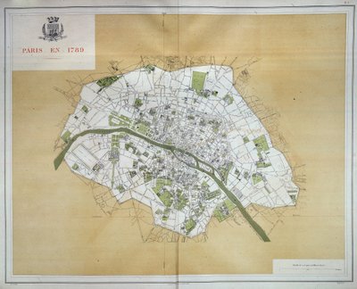 خريطة لباريس عام 1789، مأخوذة من "أعمال باريس 1789-1889، أطلس"، إمبريال نوفيل بواسطة المدرسة الفرنسية