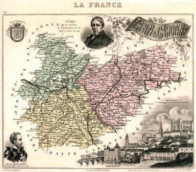 خريطة Tarn-et-Garonne مع إطلالة على مونتوبان وصور إنجرس وجان باريسو دي لا فاليت (لون ليثو) بواسطة المدرسة الفرنسية