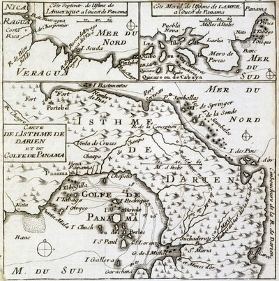 خريطة برزخ دارين وخليج بنما في "" رحلة جديدة حول العالم "بقلم غيوم دامبير (ويليام دامبير) بواسطة المدرسة الفرنسية
