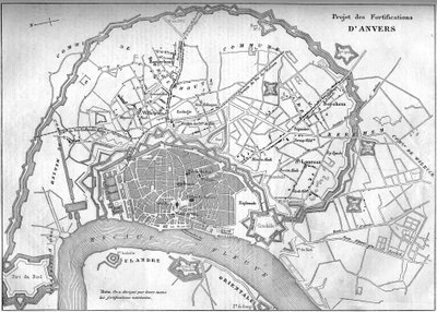 خريطة مدينة أنتويرب (بلجيكا) في عام 1859 ؛ تمثل مشروع التحصينات الجديدة. نقش في "" Le Monde Illustré "" رقم 128 بتاريخ 24 سبتمبر بواسطة المدرسة الفرنسية