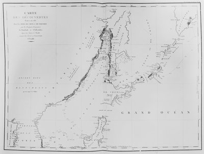 خريطة للاكتشافات التي تم إجراؤها في عام 1787 في بحار الصين ومضيق طرطاري بواسطة الفرقاطتين الفرنسيتين لا بوسول والستيرولاب ، من "أطلس دو فوياج دي لا بيرووس" (نقش) بواسطة المدرسة الفرنسية