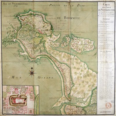 Map of the island of Noirmoutier accompanied by a map of the castle, made in 1769. بواسطة المدرسة الفرنسية