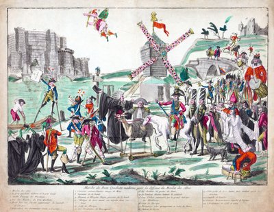 Marche du Dom Quixotte Moderne pour la Deffence du Moulin des Abus ، نُشر عام 1791 (نقش ملون يدويًا) بواسطة المدرسة الفرنسية