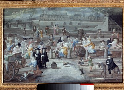 Marche à la poultry et au bread، quai des Grands Augustins in Paris عام 1660. لوحة فرنسية مجهولة بواسطة المدرسة الفرنسية