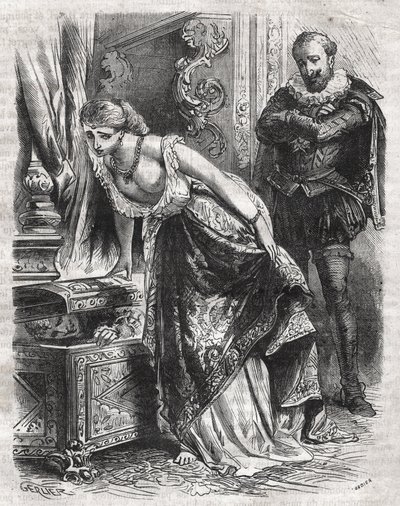 مارغريت دي فالوا (1553-1615) ، المعروفة باسم الملكة مارغو ، تخفي جوليان دي ليريس ، عشيقها ، في خزنة. زوجها ، الملك هنري الرابع ملك فرنسا (1553-1610) ، يراقب المشهد بمرح. القرن السادس عشر. نقش من عام 1871 في "Histoire Des Cocuses Celebres" "ه بواسطة المدرسة الفرنسية