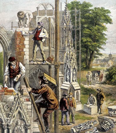عمال البناء في موقع بناء كاتدرائية - في "" متجر الأطفال الصغار "" "،" Les métiers "" ، Hachette ، حوالي عام 1900. بواسطة المدرسة الفرنسية