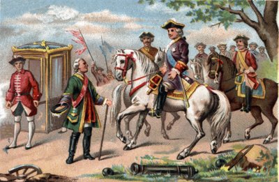 موريس ساكسونيا ، مارشال ساكسونيا (1696-1750) ، منتصرًا في معركة فونتنوي ، التقى لويس الخامس عشر ملك فرنسا (1710-1774). الطباعة الحجرية الملونة حوالي عام 1890. بواسطة المدرسة الفرنسية
