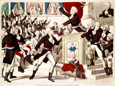 Maximilian Robespierre at the Convention (Seance of 19 Thermidor 1794) ، Jean Lambert (Jean-Lambert) تاليان يهدد Robespierre بسكين - نقش شعبي لتلك الفترة بواسطة المدرسة الفرنسية
