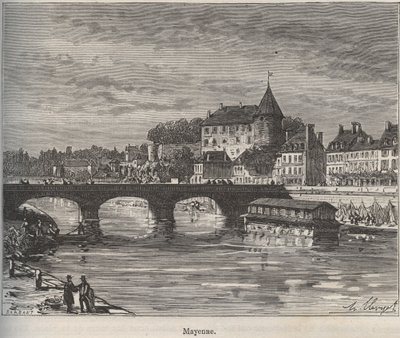Mayenne هي بلدية في غرب فرنسا في منطقة Pays de la Loire - نقش في "La France illustree: الجغرافيا والتاريخ وإحصاء الإدارة" بقلم V.-A. الشعير براون. 1884 بواسطة المدرسة الفرنسية