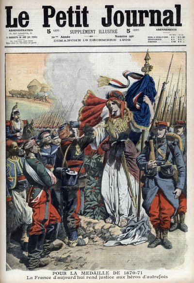 وسام قدامى المحاربين في حرب 1870-1871: حكاية رمزية لفرنسا تحقق العدالة لأبطال الماضي - "لو بيتي جورنال" بتاريخ 19 ديسمبر 1909 (نقش) بواسطة المدرسة الفرنسية