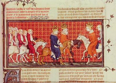 لقاء بين شارل الخامس (1338-80) من فرنسا والإمبراطور الروماني المقدس شارل الرابع (1316-78) برفقة ملك الرومان ، من غراندز كرونيك دو فرانس بواسطة المدرسة الفرنسية