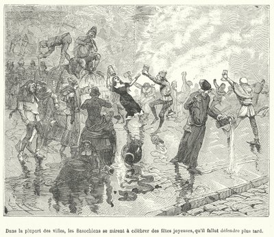 أعضاء Basaoche ، نقابة كتبة القانون ، يحتفلون بمهرجان في شوارع بلدة فرنسية من العصور الوسطى (نقش) بواسطة المدرسة الفرنسية