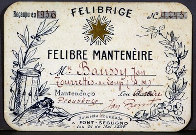 بطاقة عضوية جان باوسي في جمعية Felibrige، Felibre Association بواسطة المدرسة الفرنسية