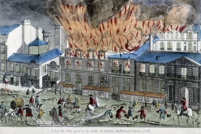 رجال يحاولون إخماد حريق أوبرا باريس عام 1763. بواسطة المدرسة الفرنسية