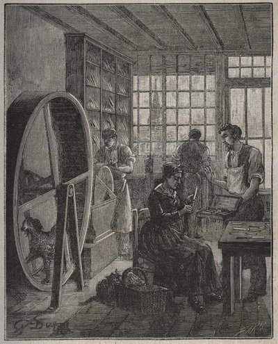 متير وحرفي: متجر أدوات مائدة في المقاطعة في القرن التاسع عشر. نقش من عام 1885 في "" Les Arts et metiers Illustres "" لأدولف بيتارد. بواسطة المدرسة الفرنسية