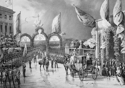 التكريم العسكري للملك أ جوسبورت - لويس فيليب الأول (1773-1850) ، ملك فرنسا ، الأمير ألبرت (1819-1861) وفيكتوريا (1819-1901) ، ملكة إنجلترا في محطة جوسبورت أثناء الرحلة الرسمية للويس فيليب إلى بريطانيا (1844) - لويس فيليب بواسطة المدرسة الفرنسية