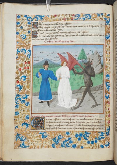 صورة مصغرة لرجل مع الملاك الحارس والشيطان Sloane MS 3049 f. 27 ، ج. 1480 (ورق) بواسطة المدرسة الفرنسية